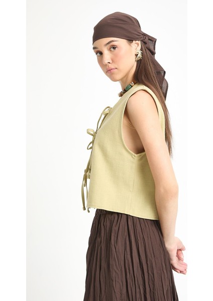 Yağ Yeşili Bağcıklı Kısa %100 Pamuk Yelek 29204 indirimleri