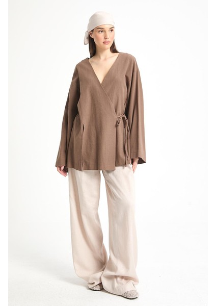Kahve Yırtmaç Detaylı Bağlamalı Uzun %100 Pamuk Kimono 29211