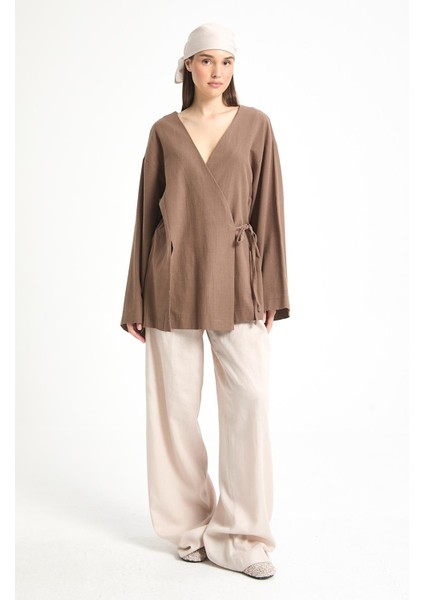 Kahve Yırtmaç Detaylı Bağlamalı Uzun %100 Pamuk Kimono 29211 fiyatları