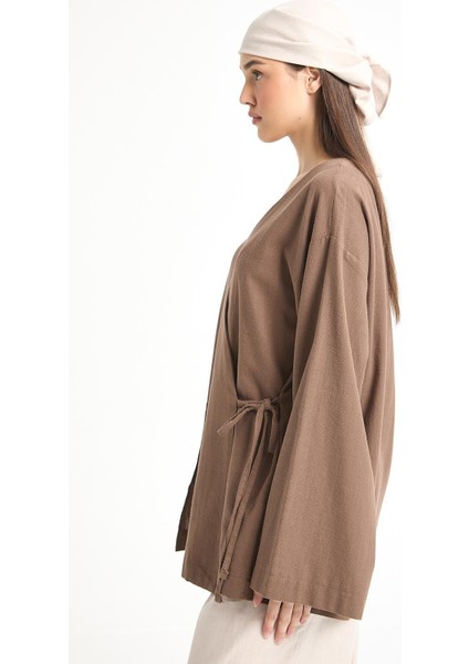 Kahve Yırtmaç Detaylı Bağlamalı Uzun %100 Pamuk Kimono 29211 modelleri