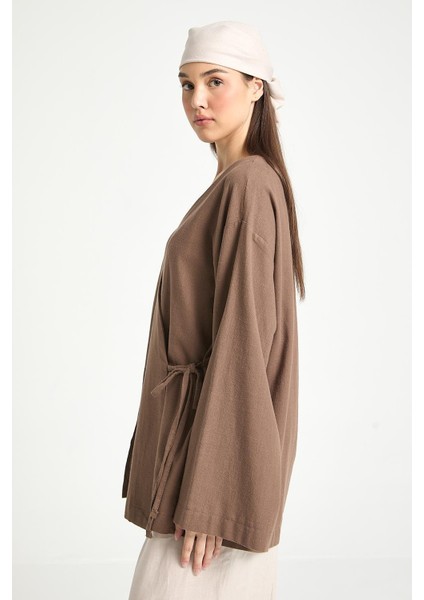 Kahve Yırtmaç Detaylı Bağlamalı Uzun %100 Pamuk Kimono 29211 fırsatları