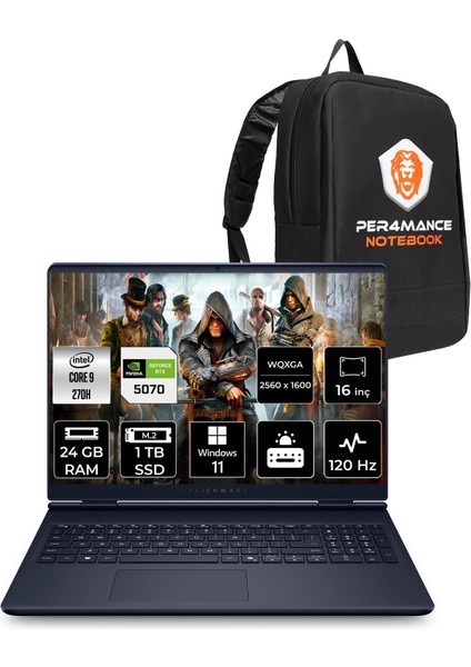 Alienware 16 Aurora Intel Core 9 270H 24GB 1tb SSD RTX5070/8GB 16" Qhd+ 120Hz Windows 11 Pro Taşınabilir Bilgisayar & Per4 Çanta AC16250C932157WP393