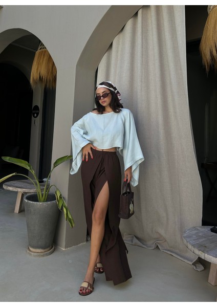 Kahve Yırtmaç Detaylı Müslin Pantolon 29231