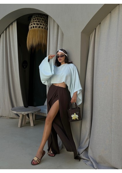 Kahve Yırtmaç Detaylı Müslin Pantolon 29231 fiyatları