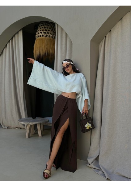 Kahve Yırtmaç Detaylı Müslin Pantolon 29231 modelleri