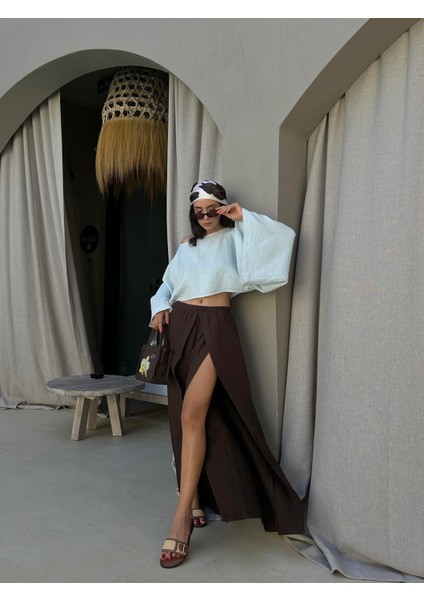 Kahve Yırtmaç Detaylı Müslin Pantolon 29231 fırsatları