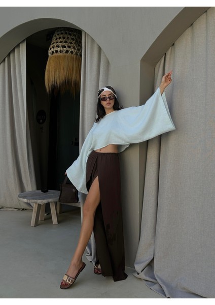 Kahve Yırtmaç Detaylı Müslin Pantolon 29231 indirimleri