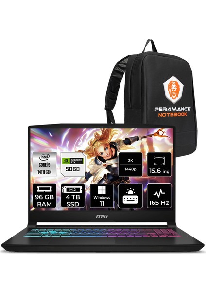 Msı Katana 15 Hx Intel Core I9 14900HX 96GB 4tb SSD RTX5060/8GB 15.6" Qhd 165Hz W11H Taşınabilir Bilgisayar & Per4 Çanta B14WFK450XTRP380