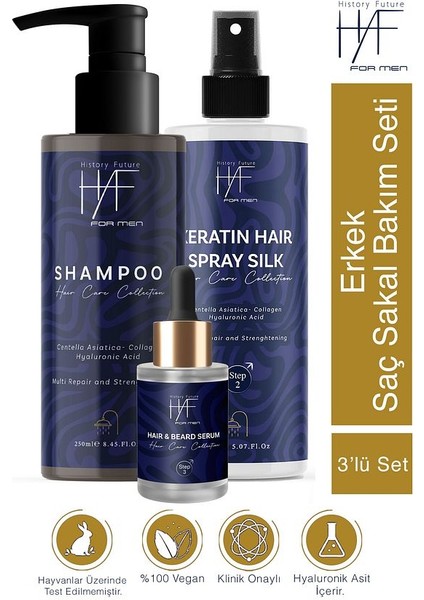 Erkek 3'lü Saç Sakal Bakım Seti Şampuan + Keratin Saç Spreyi + Saç Sakal Serumu