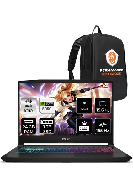 Msı Katana 15 Hx Intel Core I9 14900HX 24GB 1tb SSD RTX5060/8GB 15.6" Qhd 165Hz Fdos Taşınabilir Bilgisayar & Per4 Çanta B14WFK450XTRP313