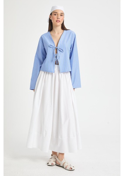 Mavi Çizgili Poplin Kumaş Önden Bağlamalı Bluz 29276