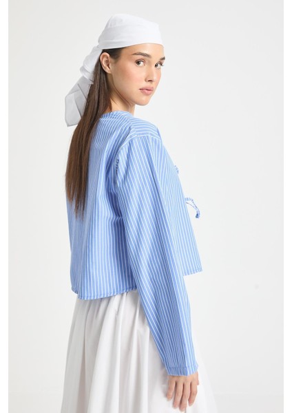 Mavi Çizgili Poplin Kumaş Önden Bağlamalı Bluz 29276 indirimleri