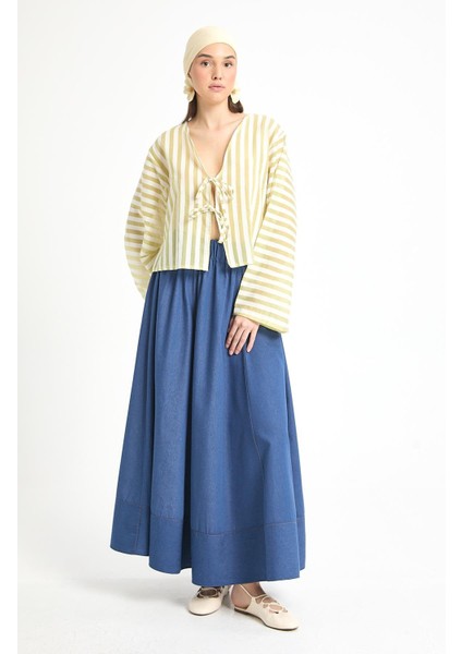 Yağ Yeşili Modal Kumaş Çizgili Önden Bağlamalı Bluz 29292