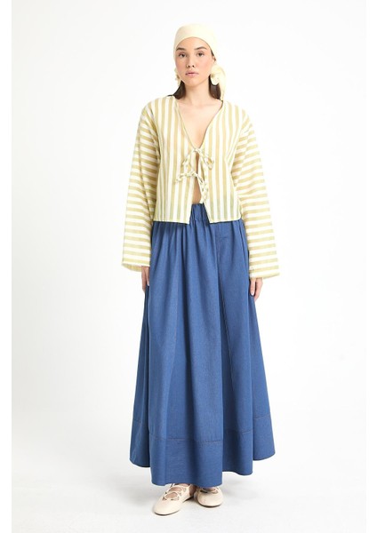 Yağ Yeşili Modal Kumaş Çizgili Önden Bağlamalı Bluz 29292 fiyatları