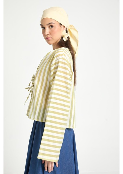 Yağ Yeşili Modal Kumaş Çizgili Önden Bağlamalı Bluz 29292 modelleri