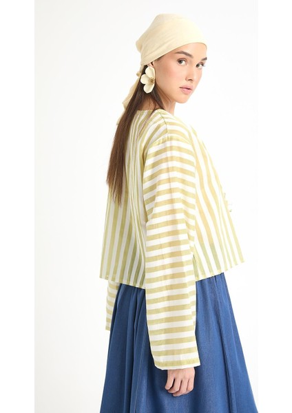 Yağ Yeşili Modal Kumaş Çizgili Önden Bağlamalı Bluz 29292 fırsatları