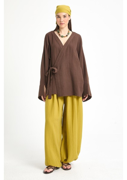 Kahve Oversize Müslin Kimono 29219