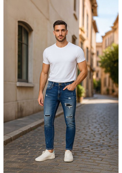 Erkek Skinny Ripped Patch Detaylı Jean Koyu Mavi