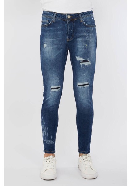 Erkek Skinny Ripped Patch Detaylı Jean Koyu Mavi fiyatları