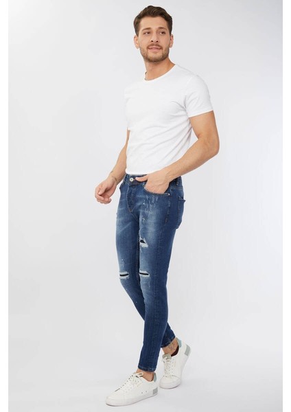Erkek Skinny Ripped Patch Detaylı Jean Koyu Mavi indirimleri