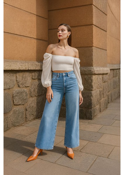Kadın Mavi Bol Paça Uzun Jean Pantolon