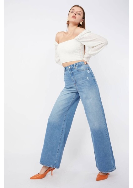 Kadın Mavi Bol Paça Uzun Jean Pantolon modelleri