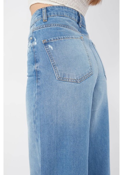 Kadın Mavi Bol Paça Uzun Jean Pantolon