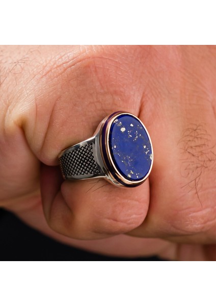 Lapis Lazuli Taşlı Oval Kasa 925 Ayar Gümüş Erkek Yüzük modelleri