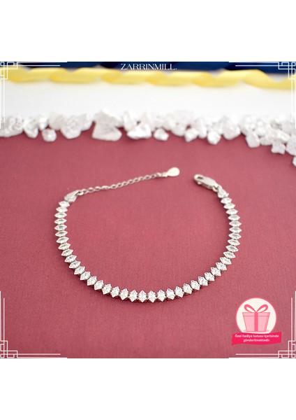 925 Ayar Gümüş Mekik Model Zirkon Taşlı Su Yolu Bileklik Rodyum Kaplama