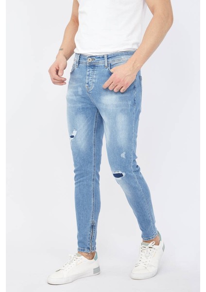 Erkek Skinny Fermuarlı Paça Detaylı Jean Açık Mavi modelleri