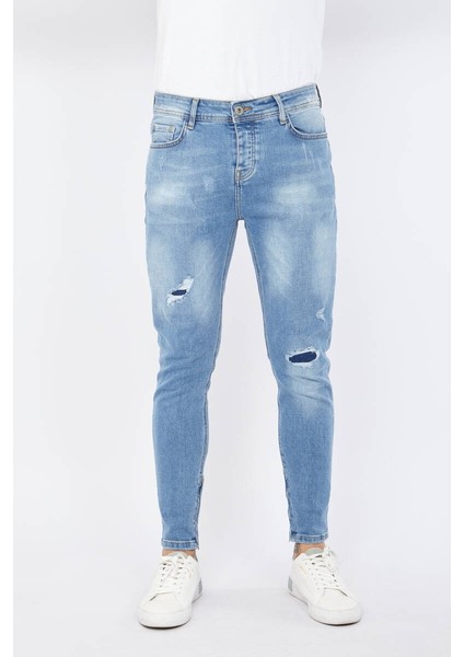 Erkek Skinny Fermuarlı Paça Detaylı Jean Açık Mavi fırsatları