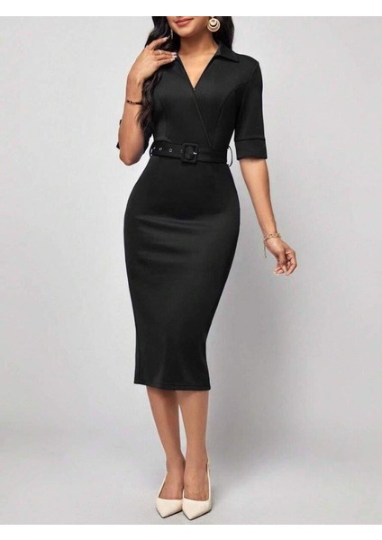 Kadın Kısa Kollu Yakalı Kruvaze Yakalı Beli Kemerli Midi Modal Elbise modelleri