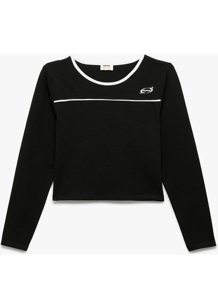 Pamuklu Uzun Kollu Bisiklet Yaka Crop Tişört