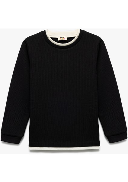 Şardonlu Bisiklet Yaka Çizgili Uzun Kollu Basic Sweatshirt