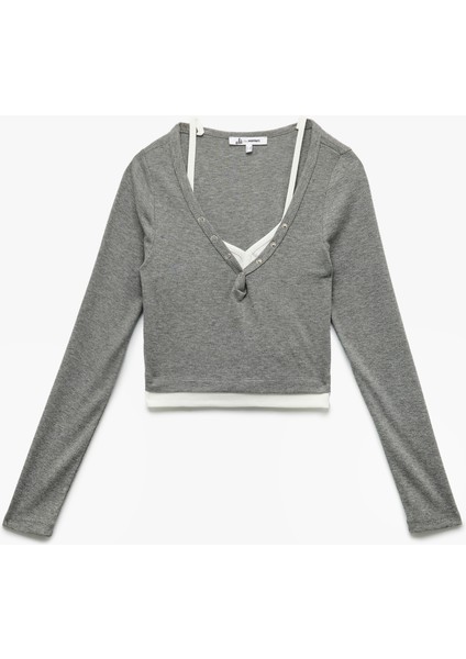 V Yaka Uzun Kollu Düğmeli Atlet Detaylı Kaşkorse Crop Tişört modelleri