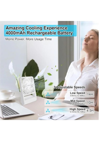 Elzo Küçük Masa Vantilatörü, 4000MAH, Mini Masa Vantilatörü, Katlanabilir Seyahat Fanı, Ultra Sessiz USB Şarj ile Çalışan Fan, 3 Hız Ayarlanabilir 225° Eğimli Ayakta Asılı Vantilatör