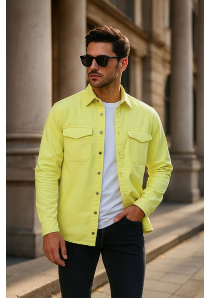 Erkek Oversize Jean Gömlek Neon Yeşil