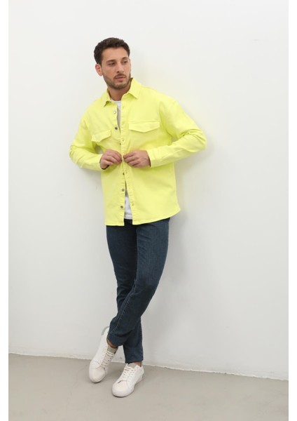Erkek Oversize Jean Gömlek Neon Yeşil modelleri