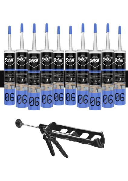 Nötr Cephe Silikonu 300 ml Siyah (10 Adet), Plastik Tabanca