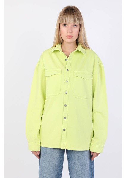 Kadın Oversize Jean Gömlek Neon Yeşil