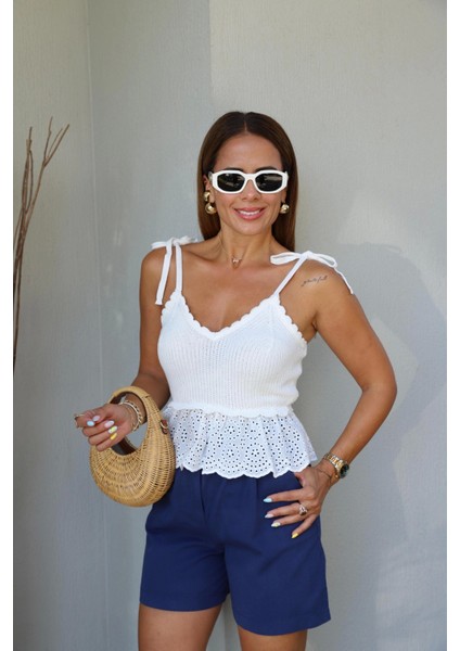 Ekru Fisto Detay Triko Bluz