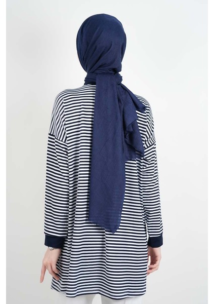 Tesettür Tunik Ince Çizgili Penye Tunik Lacivert fırsatları