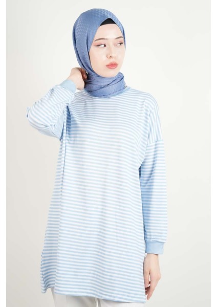 Tesettür Tunik Ince Çizgili Penye Tunik Açık Mavi