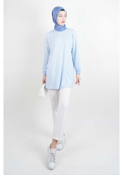 Tesettür Tunik Ince Çizgili Penye Tunik Açık Mavi fiyatları