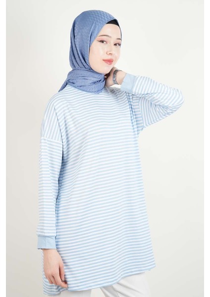 Tesettür Tunik Ince Çizgili Penye Tunik Açık Mavi modelleri
