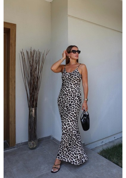 Bej Askılı Leopar Desen Elbise