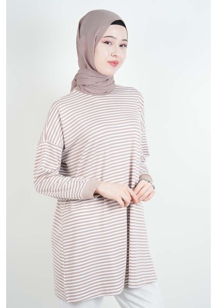 Tesettür Tunik Ince Çizgili Penye Tunik Bej modelleri