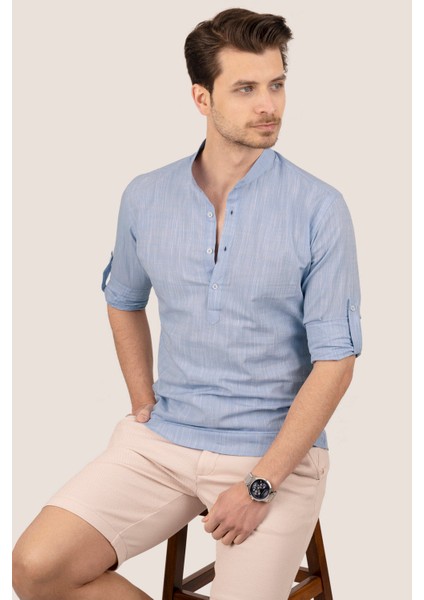Mavi Hakim Yaka Keten Üç Düğmeli Erkek Gömlek modelleri