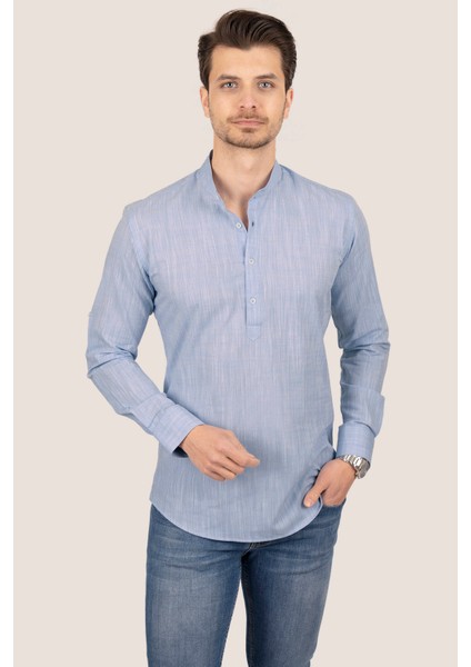 Mavi Hakim Yaka Keten Üç Düğmeli Erkek Gömlek indirimleri