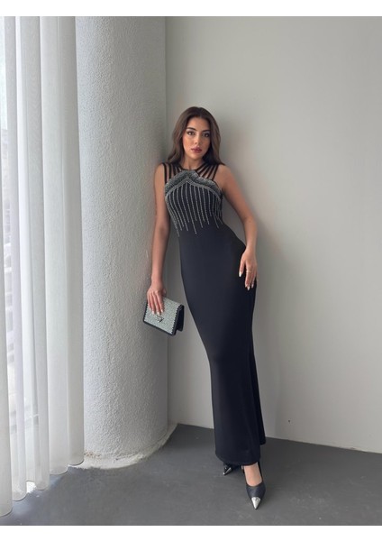 Kadın Omuz Çoklu Askılı Önü Taş Işlemeli Balık Kesim Janjan Krep Maxi Boy Elbise 2xl-3xl-Siyah